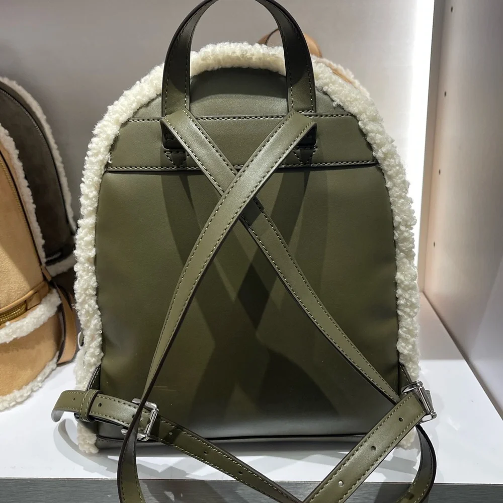MICHAEL KORS Rhea Medium Suede and Faux Shearling Backpack Olive NWT
